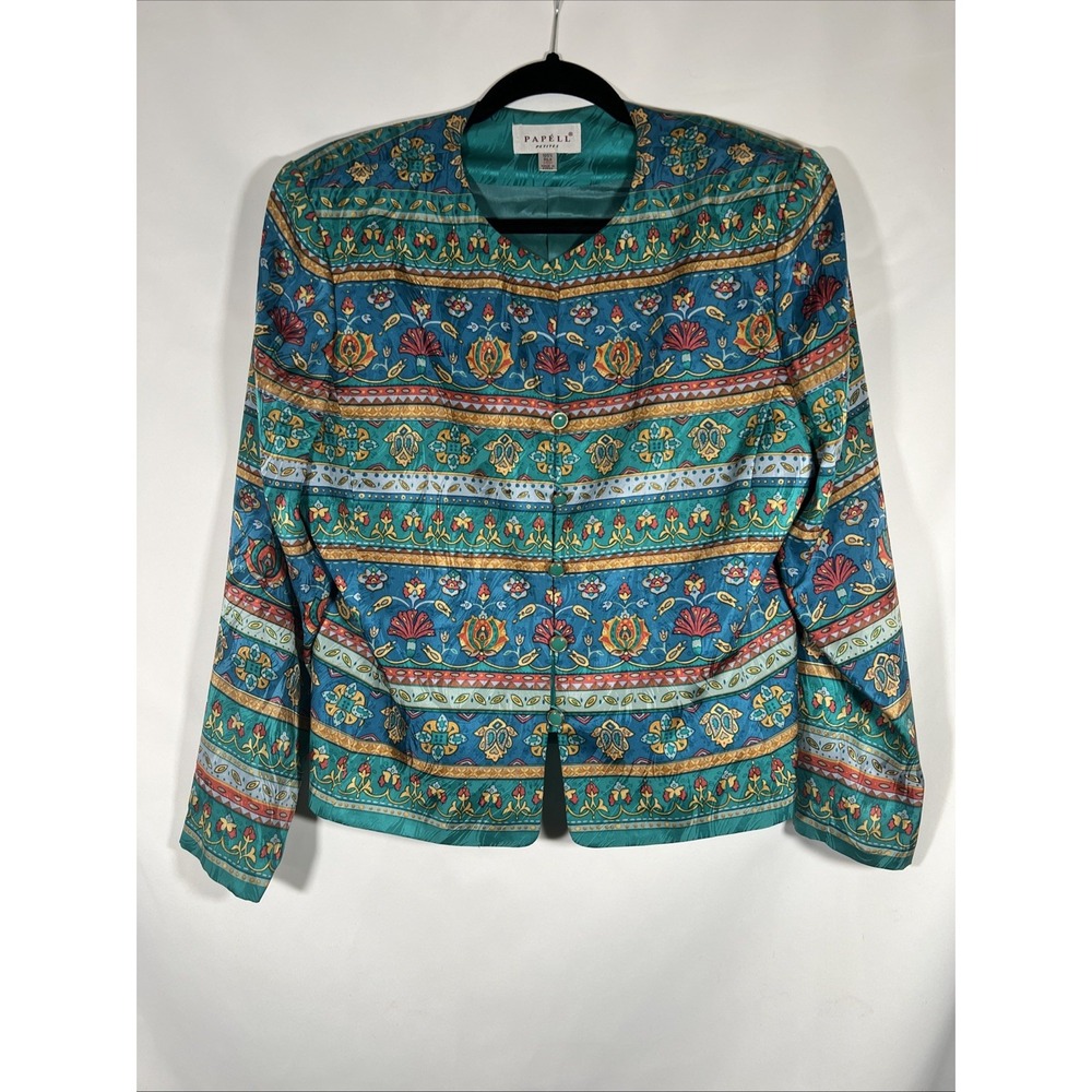 Papell Petites Silk Jacket Blue Green Floral Long Sleeve Gold Buttons 14P Boho